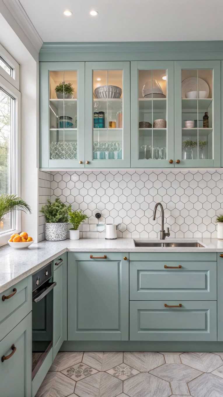 Mint green cabinets, hexagon tile backsplash, glass pantry doors, bright daylight.
