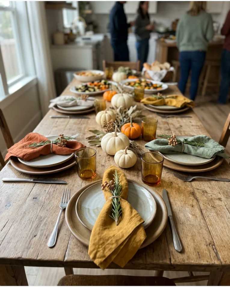 Mismatched earth tone napkins with sprigs of rosemary