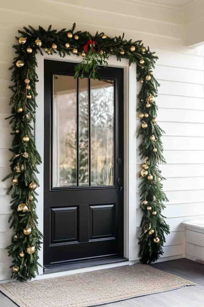 Front porch black painted door with mistletoe garland, red berries, soft white lighting