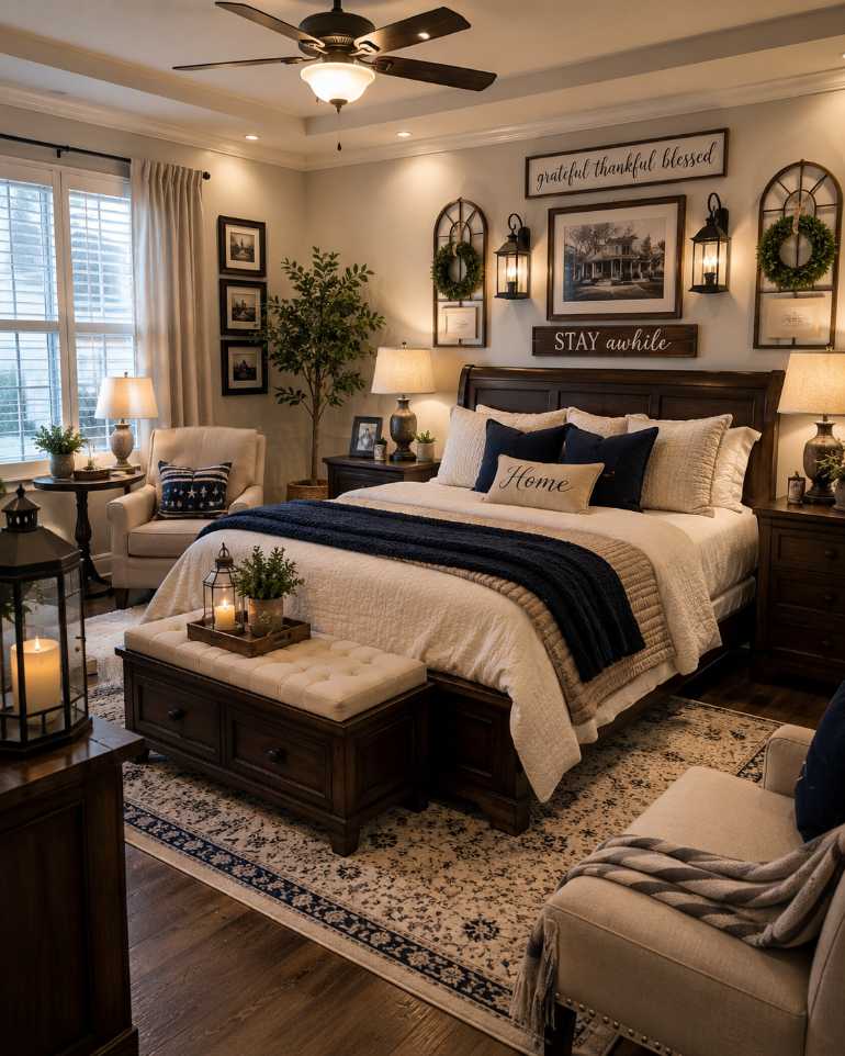 Modern American style bedroom with cozy luxury vibes and classic furniture