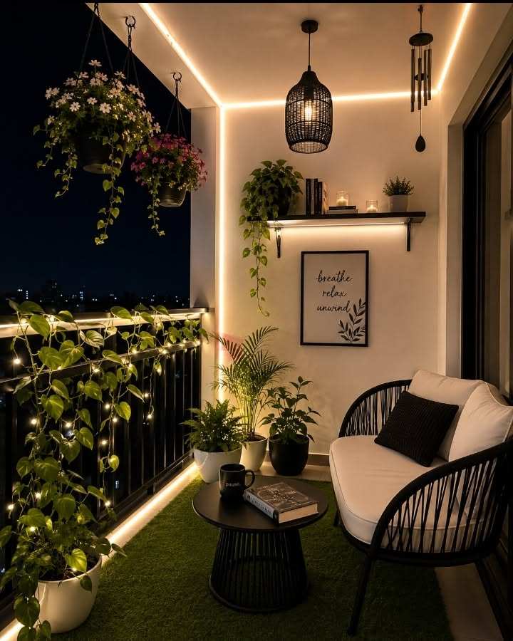 Modern balcony with linear LED strip lighting, sleek spindle metal loveseat, and minimalist décor.