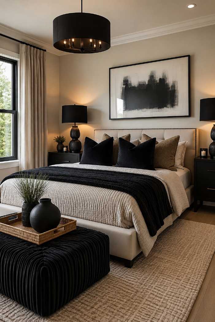 Modern bedroom aesthetic with beige and black decor for high contrast