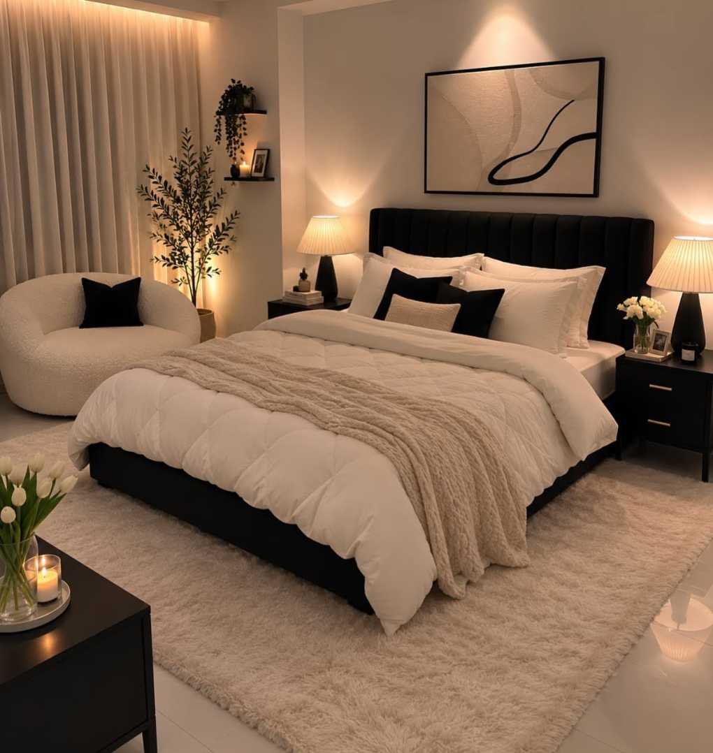 Modern black and cream bedroom with a cozy boucle swivel chair