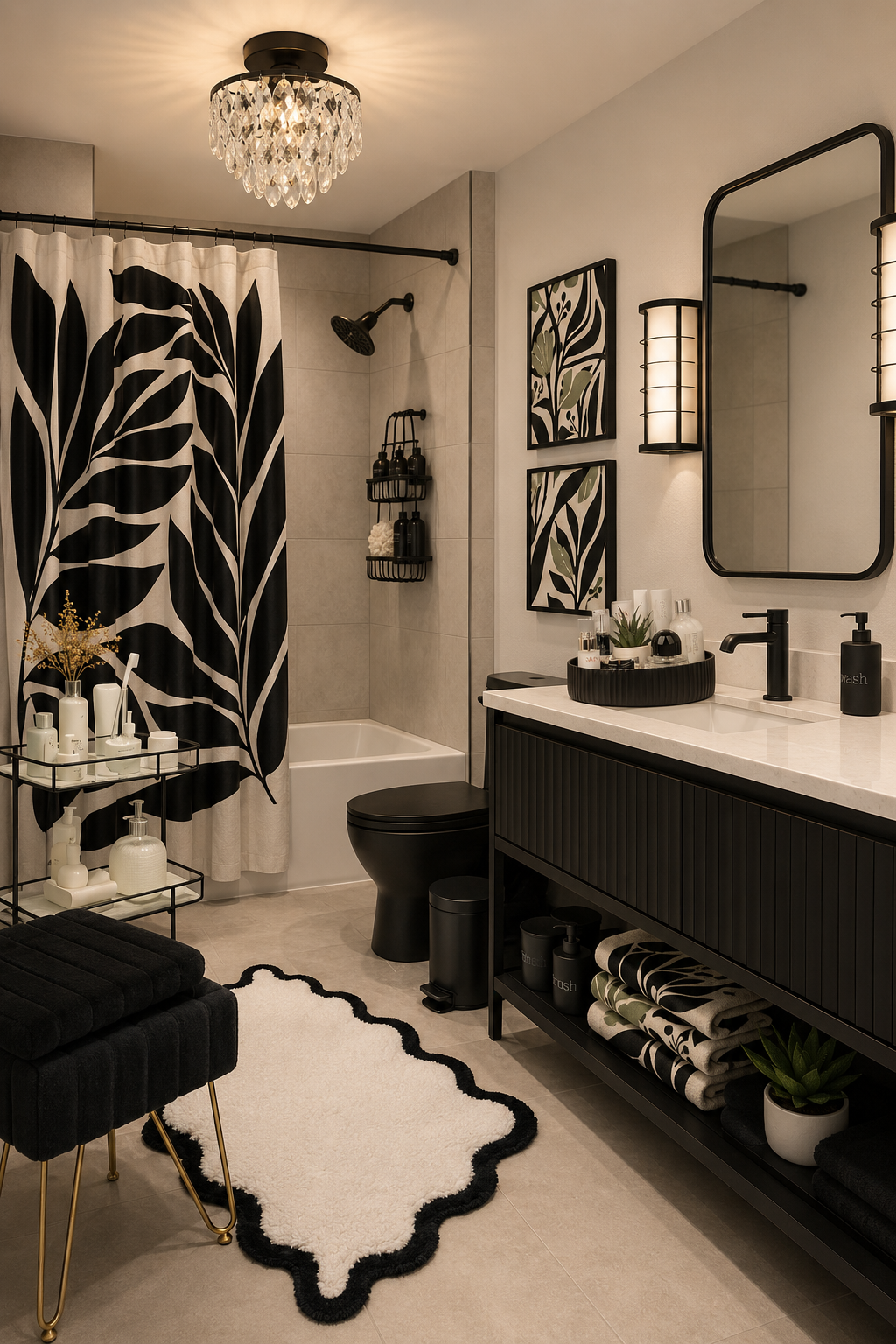 Spa‑inspired bathroom featuring stark black and white tiles, freestanding tub, chrome fixtures, and soft indirect lighting.