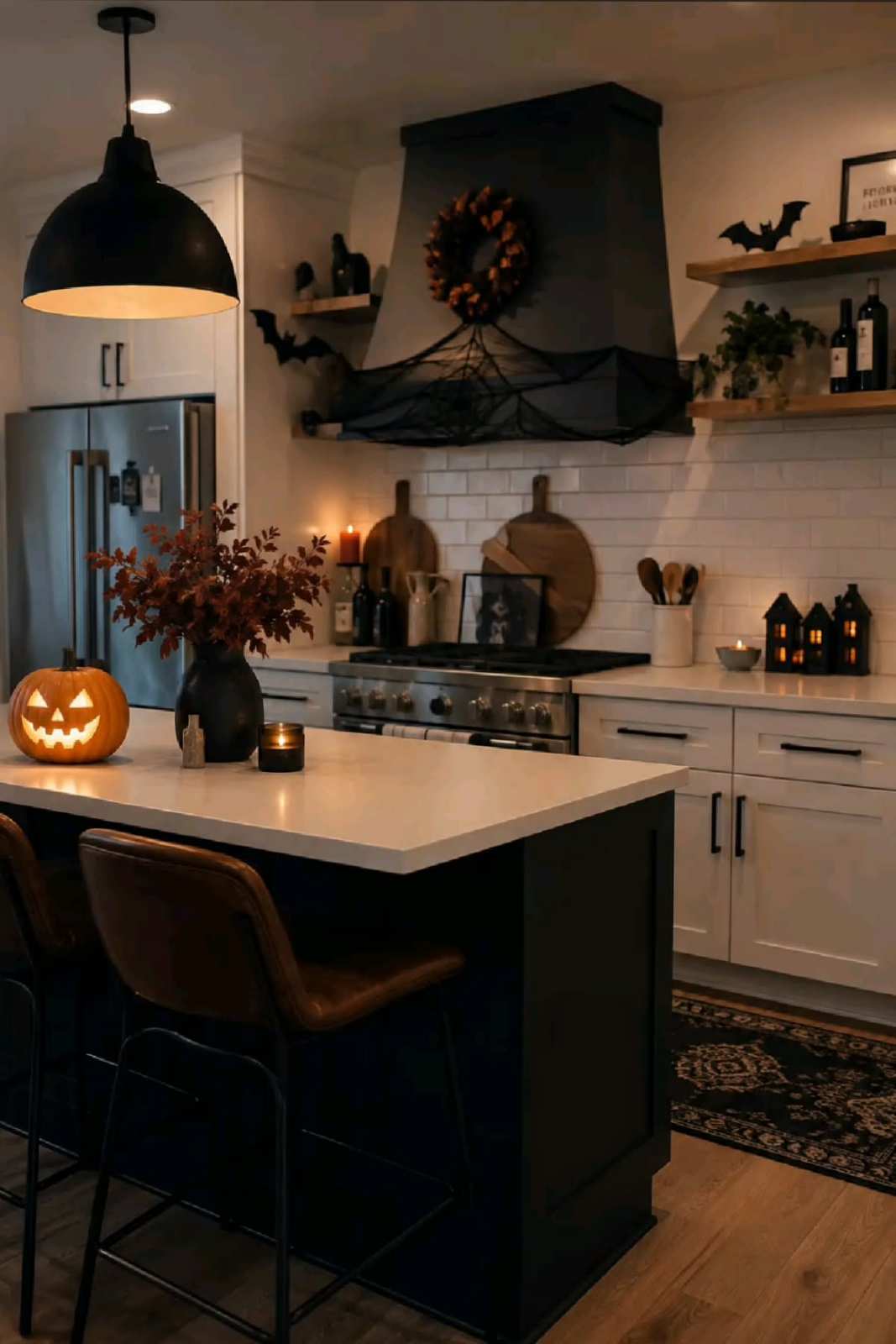 Modern kitchen with black range hood and jack o lantern island