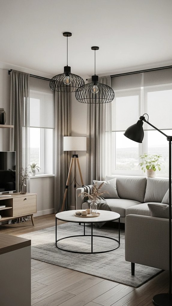Corner accent lighting with floor lamps and track lights highlighting wall art
