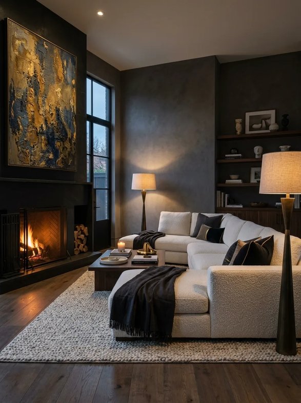 Black accent wall with gold art frames and fireplace in modern living room