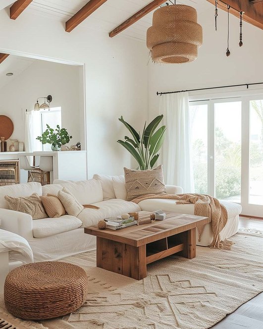 Rattan furniture sand-colored walls and honey wood accents for coastal boho style