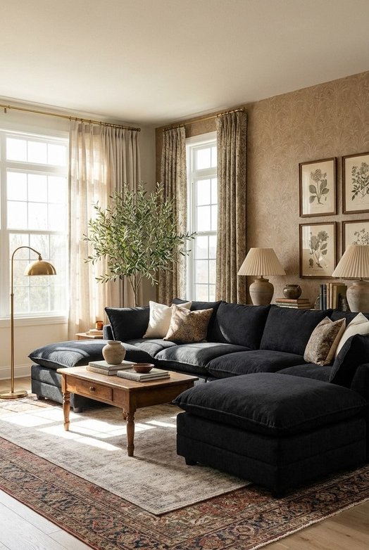 Charcoal sofa taupe armchair brass floor lamp and dark wood side table