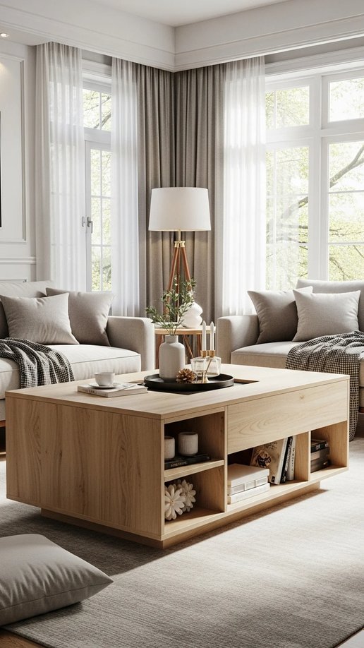Wooden coffee table with drawers books baskets hidden storage in living room