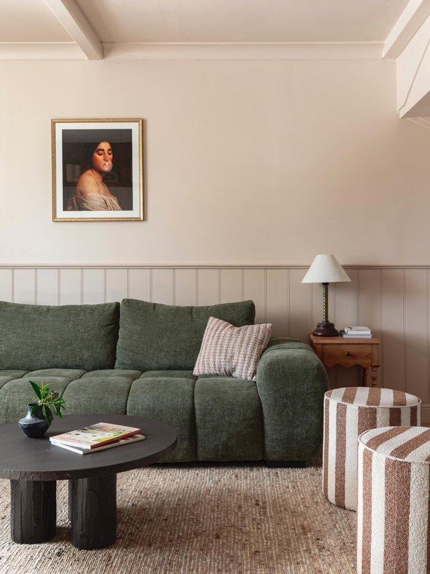 Sage green walls blush pink sofa and cocoa brown accents cottage style