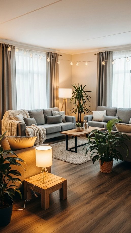 Low light living room with candlelight and dim yellow lamps for evening relaxation
