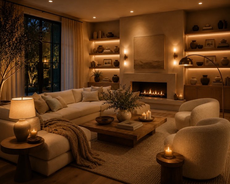 Fireplace with led lighting on shelves glowing warm in the evening