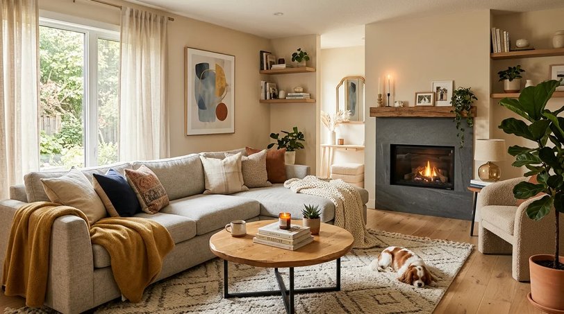 Wide angle view of modern living room with large windows sofa and fireplace