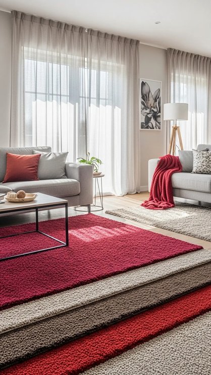 Two layered rugs with different textures and patterns in the living room