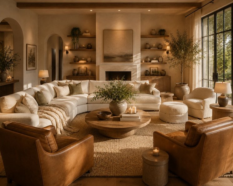 Leather armchairs near an arched doorway in a modern living room