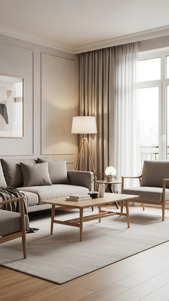 Minimalist living room with white sofa light wood floor single plant and clean lines