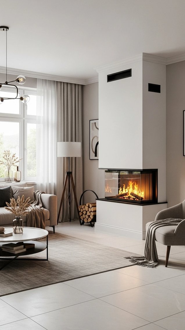 Modern linear fireplace with warm glow and comfortable seating nearby