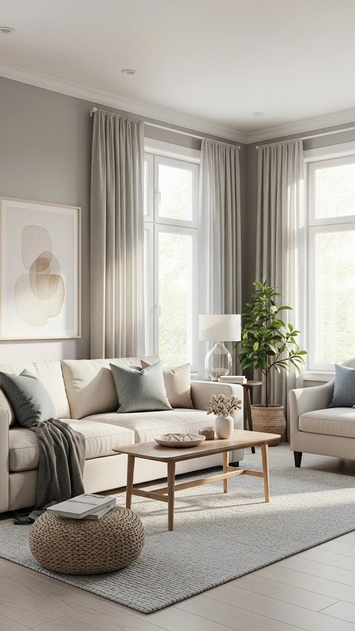 All neutral living room with beige sofa grey walls and white curtains calm vibe