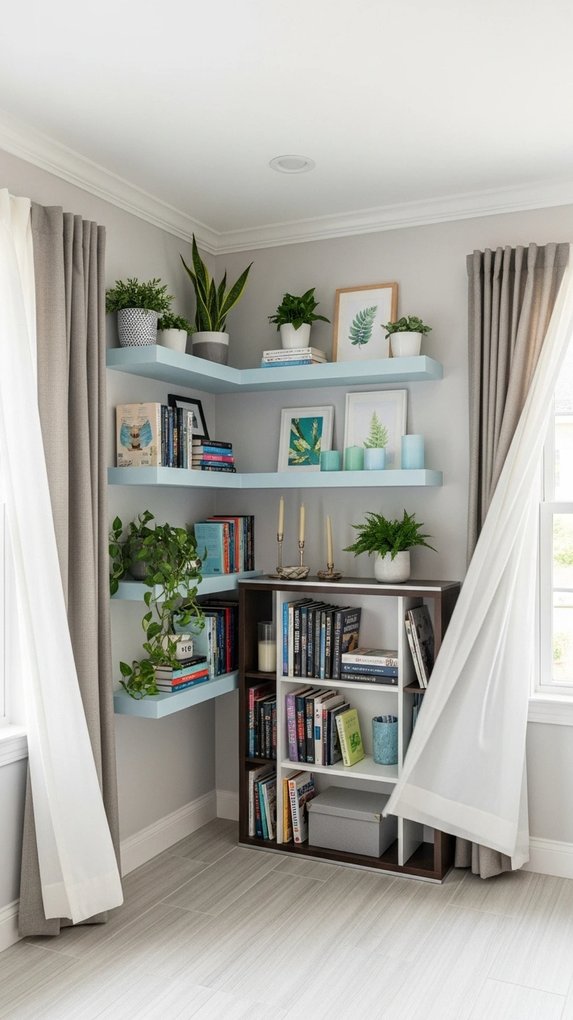 Open wooden shelving unit displaying books vases and small plants in living room