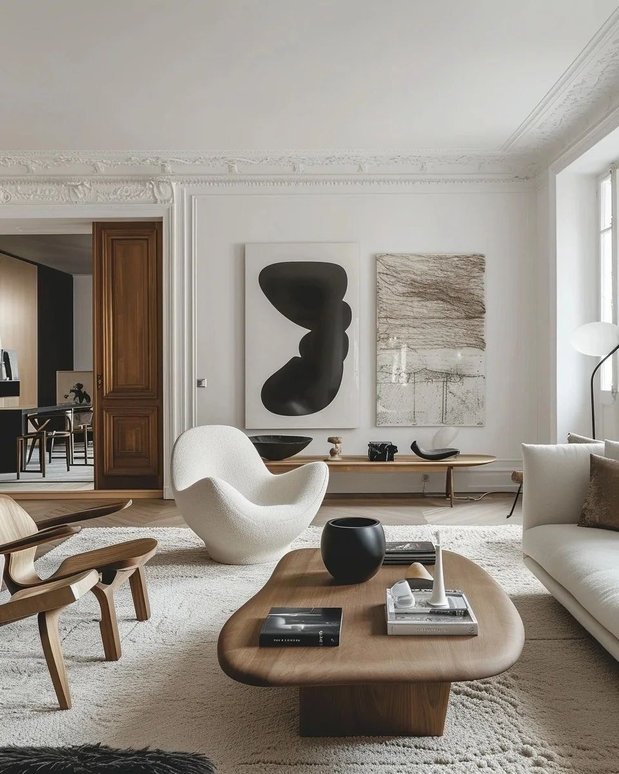 Ivory walls walnut furniture brass details and classic french window in living room