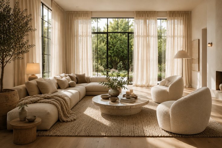 Sheer white curtains allowing sunlight into a bright lounge area with sofa