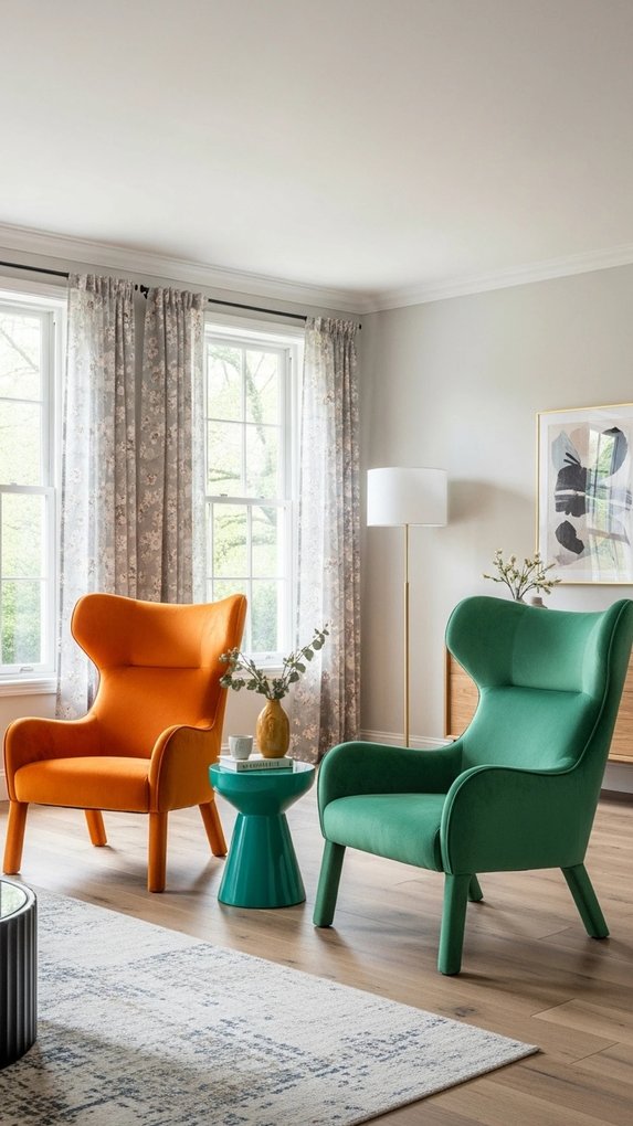 Two vibrant statement armchairs facing each other on a patterned rug near window