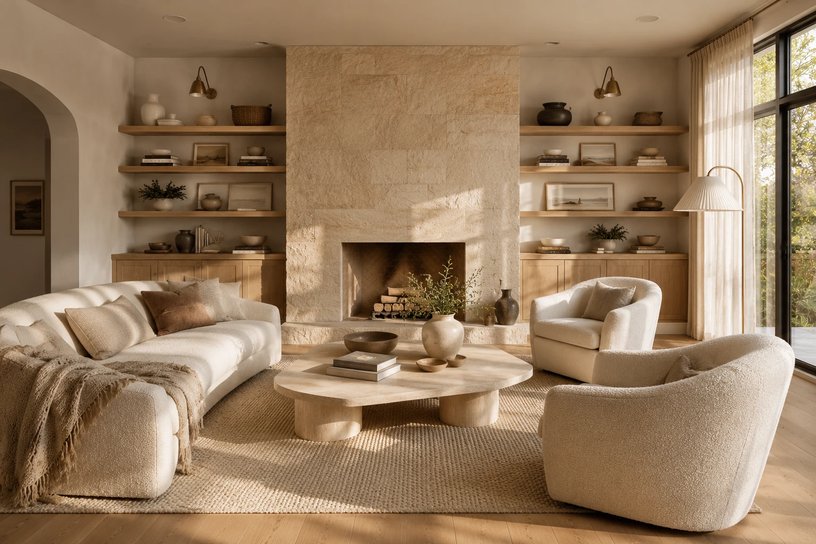 Natural stone fireplace with built-in wooden shelves and warm lighting in living room