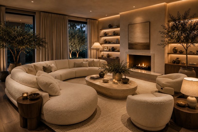 Sunken seating area with sectional sofa facing a backlit fireplace hearth