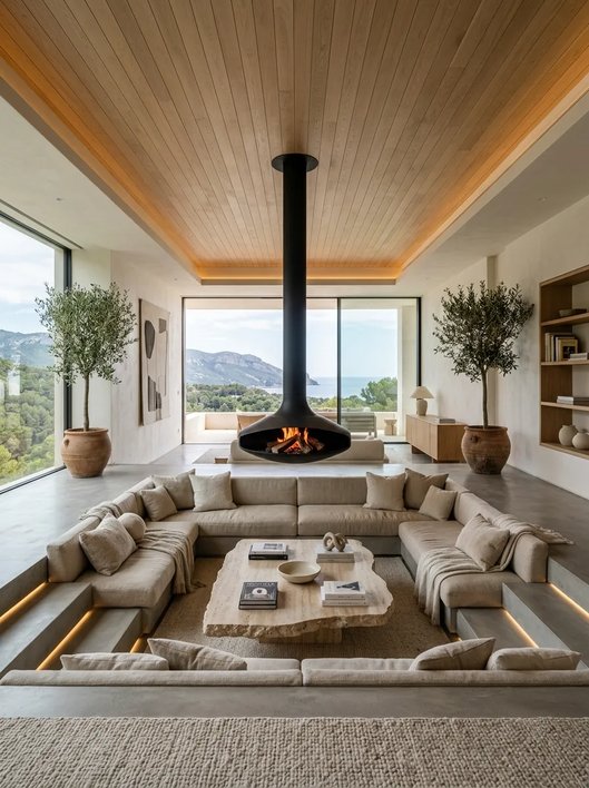 Floating fireplace with ocean view large windows and minimalist white seating