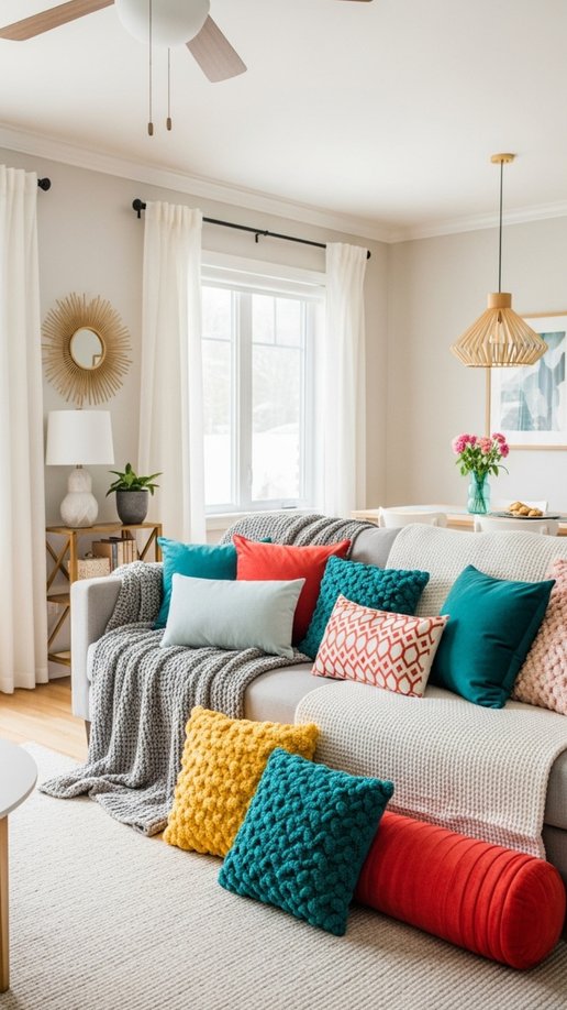 Sofa with multiple throw blankets and pillows in various textures and colors