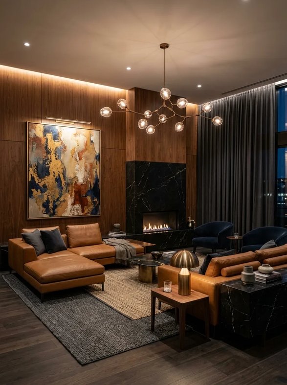 Walnut wall panel behind marble fireplace hearth with modern black furniture
