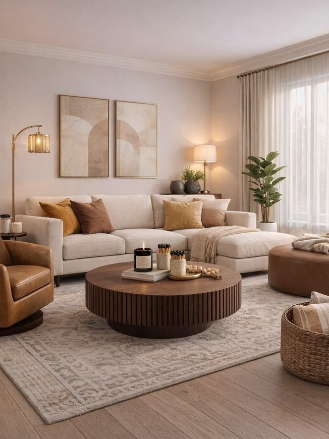 Living room with caramel colored walls and furniture for a warm neutral look