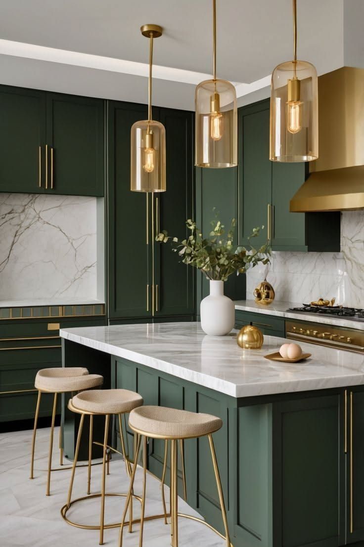 Dark green cabinets, modern kitchen island, gold vent hood, sleek barstools, pendant lighting.