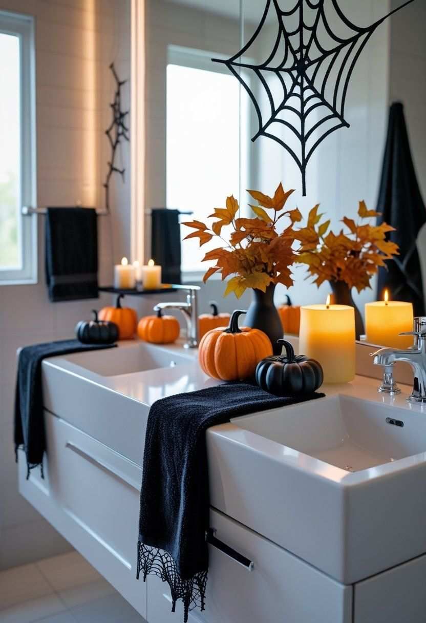 Modern double‑sink vanity, hanging spiderweb candles, brushed steel fixtures, soft white lighting, gray tiles.