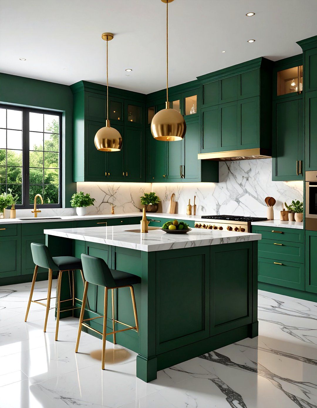 Emerald green cabinets, island with green barstools, brass pendant lights, white marble countertop.