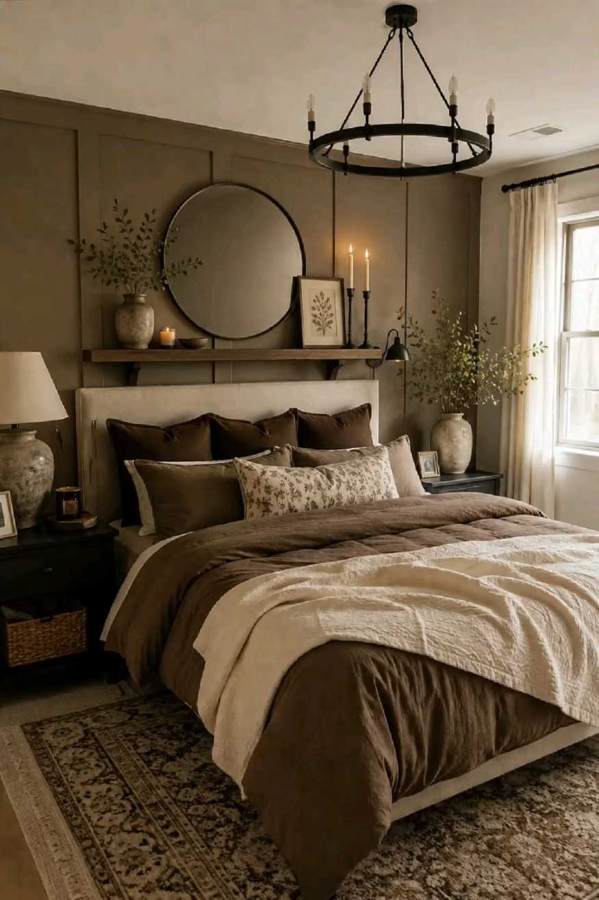 Modern farmhouse bedroom with cozy mocha and cream tones and rustic wood
