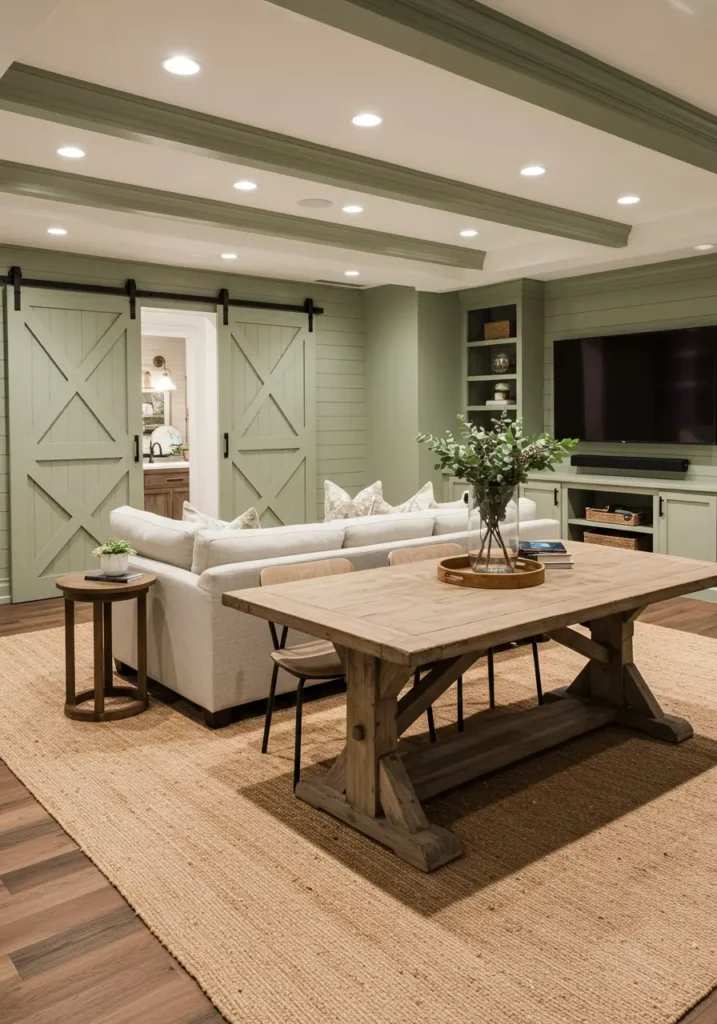 Farmhouse basement room with green barn doors and trestle table