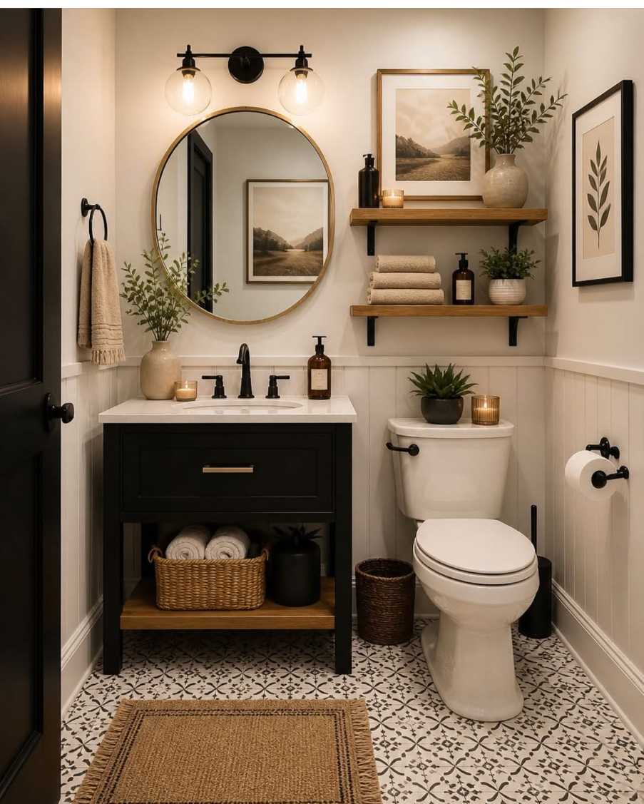 Powder room featuring a round brass mirror, white shaker cabinets, reclaimed wood countertop, and pendant lighting.