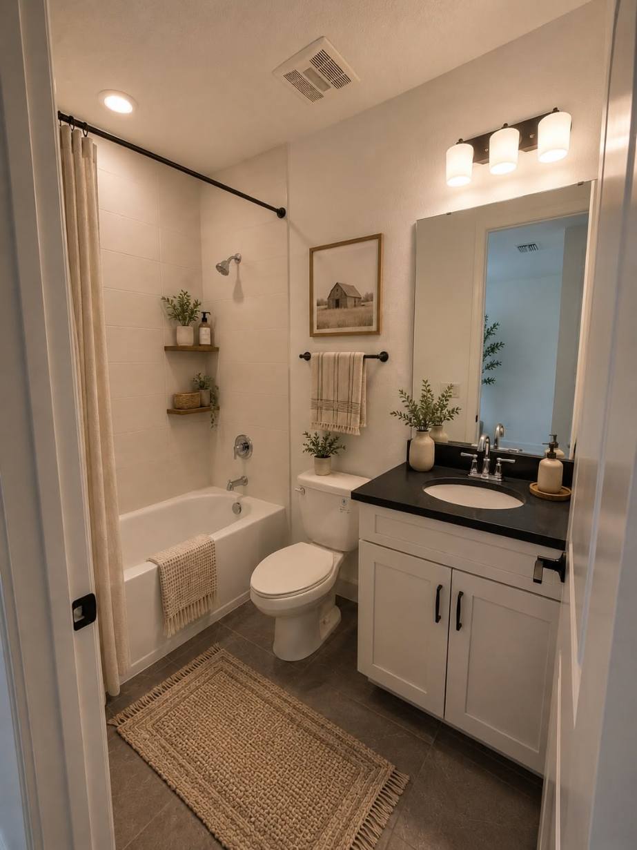 Compact bathroom featuring a white vanity, jute runner rug, pastel blue wall accents, and black hardware.