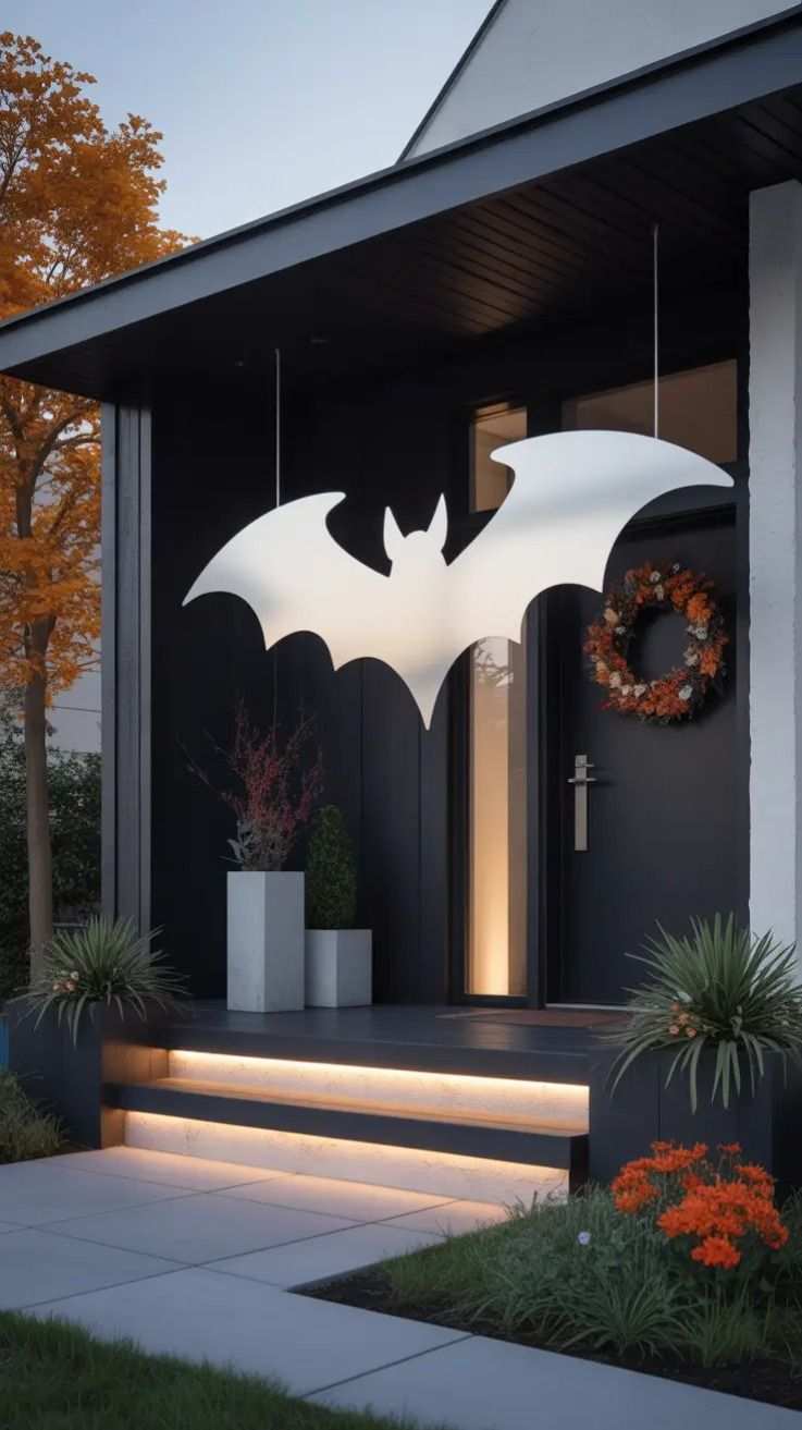 Modern porch with an illuminated white bat sculpture and minimal decor.