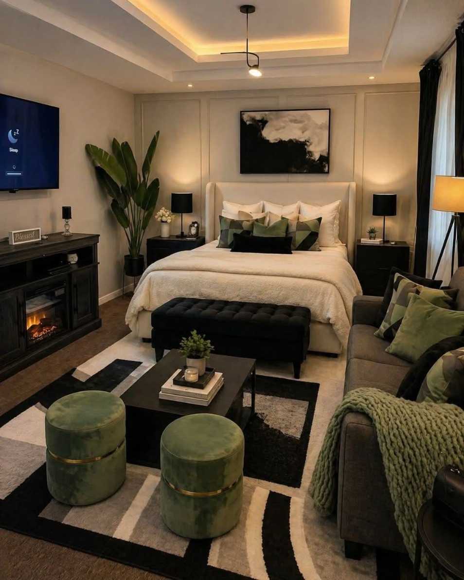 Modern luxury bedroom with an electric fireplace and fresh green accents