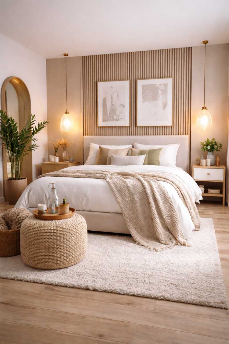 Modern minimalist bedroom design with clean lines and neutral palette