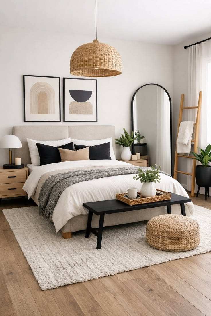 Modern minimalist bedroom with white furniture and bright natural light