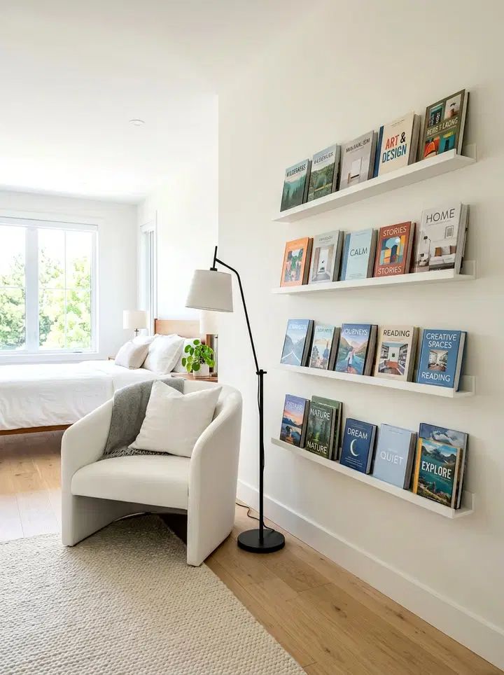 Minimalist floating shelves, white leather lounge chair, matte black floor lamp, concrete wall, cool lighting.