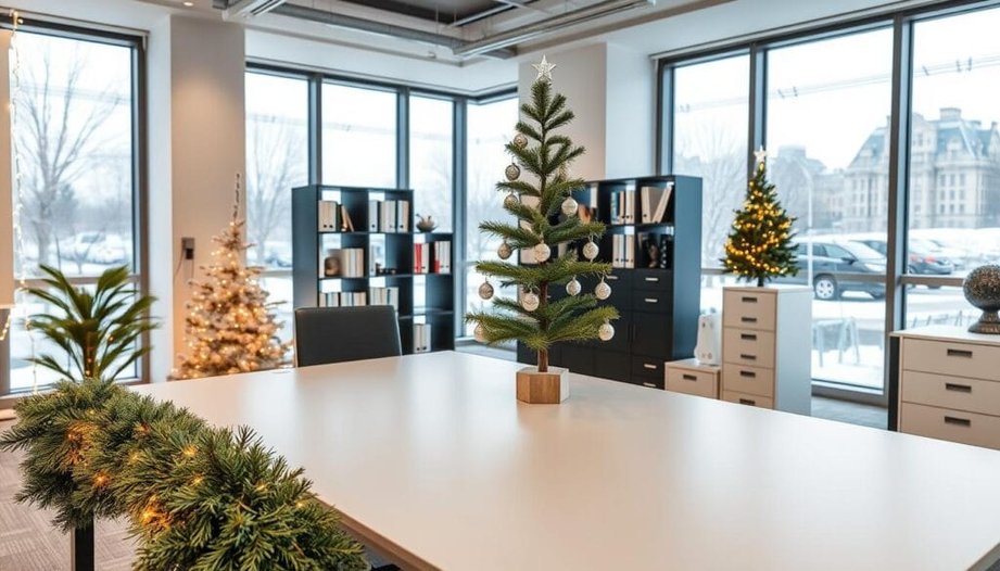 A clean white desk with a single gold ornament and a small green plant.