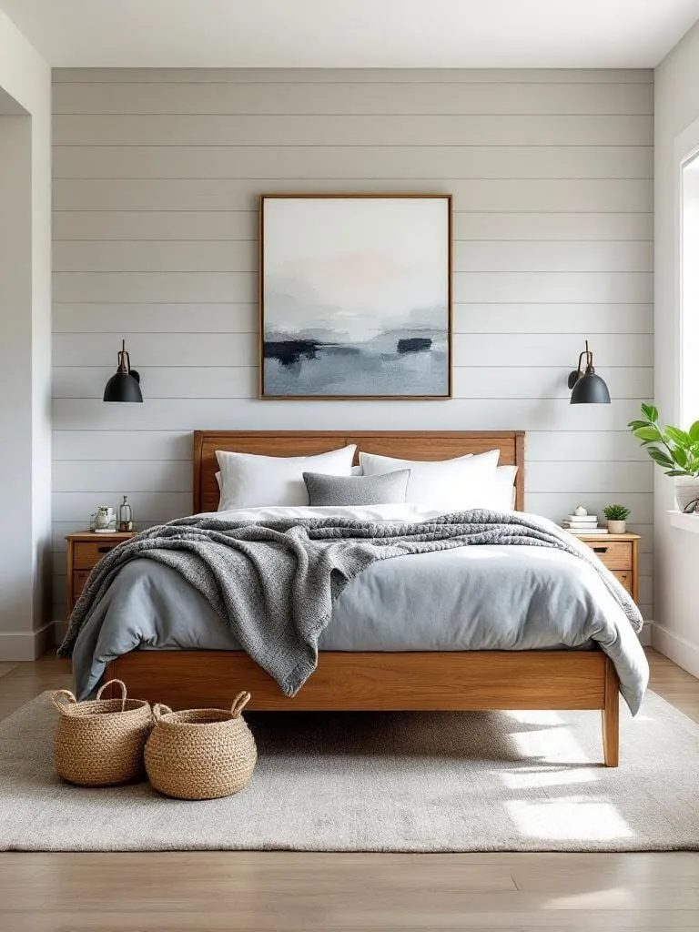 Modern rustic men’s bedroom with shiplap accent wall, reclaimed wood bed frame, and natural linen bedding.