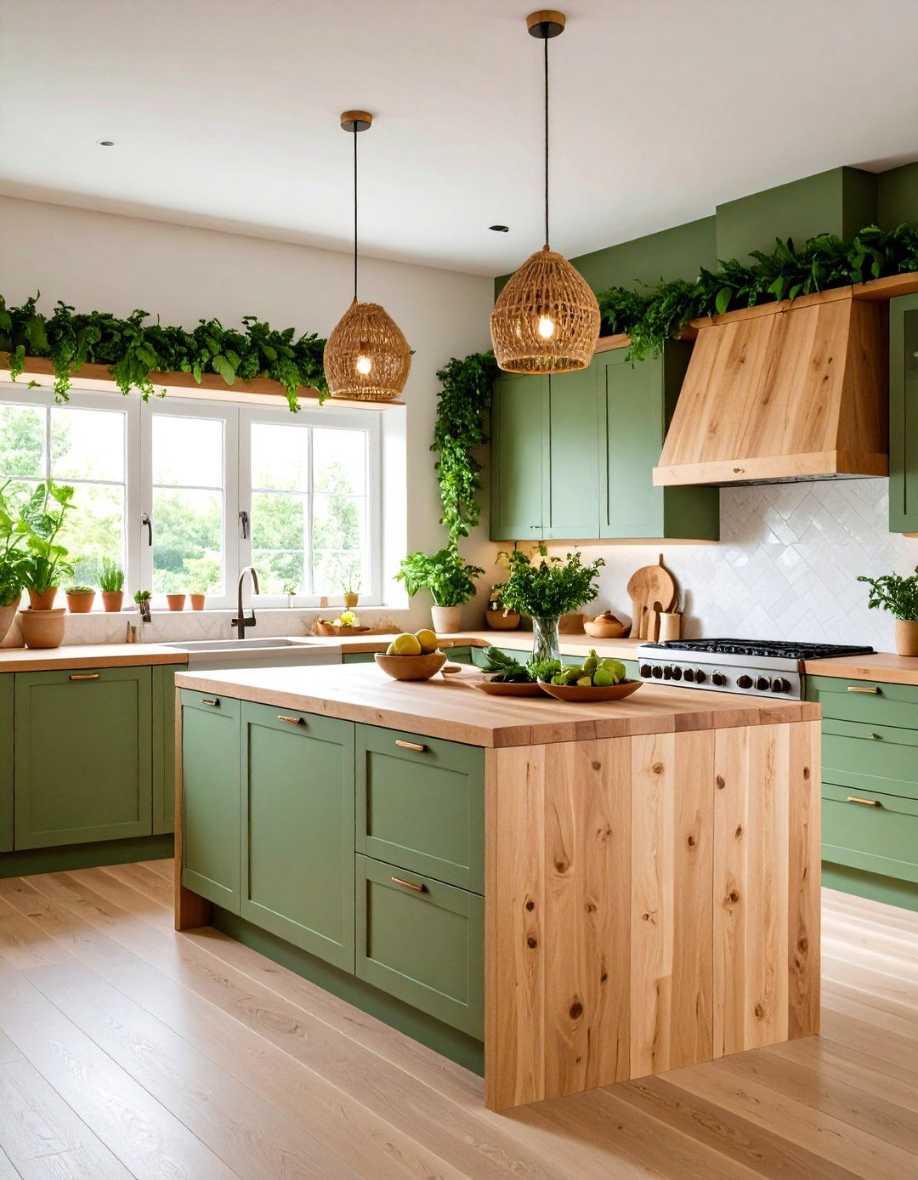 Sage green cabinets, wood island, potted plants, soft recessed lighting, natural textures.