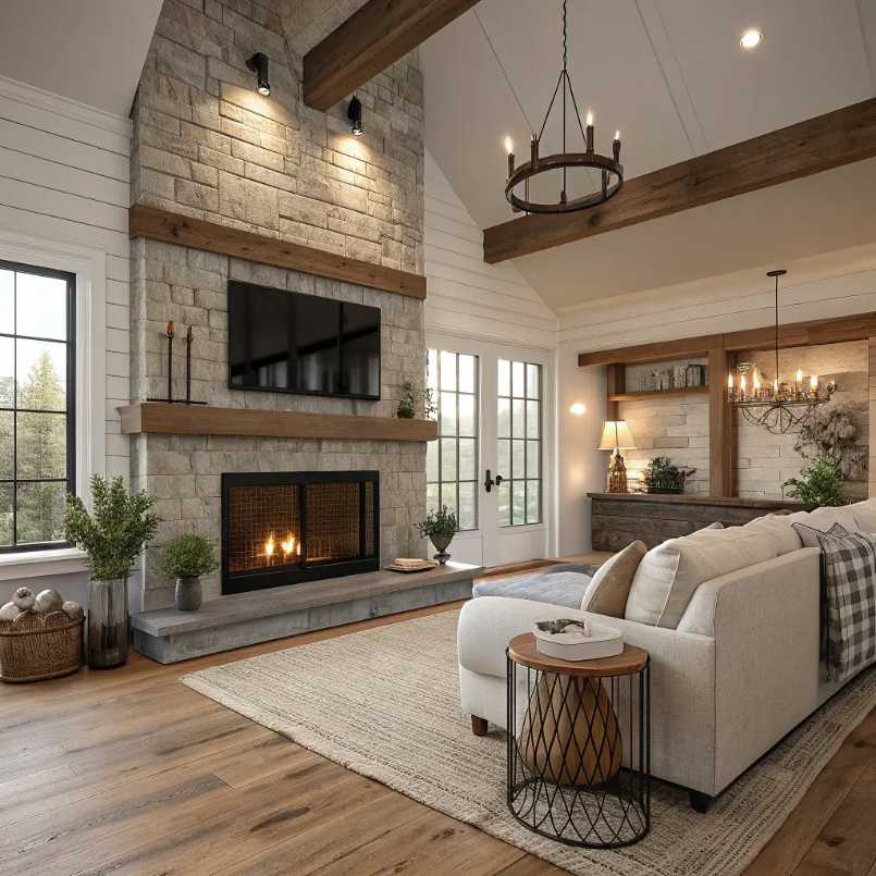 Living room with large stone accent wall, sleek fireplace, neutral sofa, soft lighting.