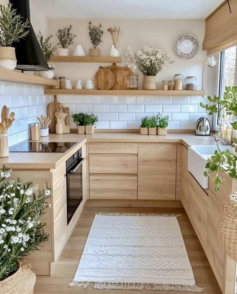 Small kitchen with sleek wood cabinets, white countertops, pendant lighting, open shelving.
